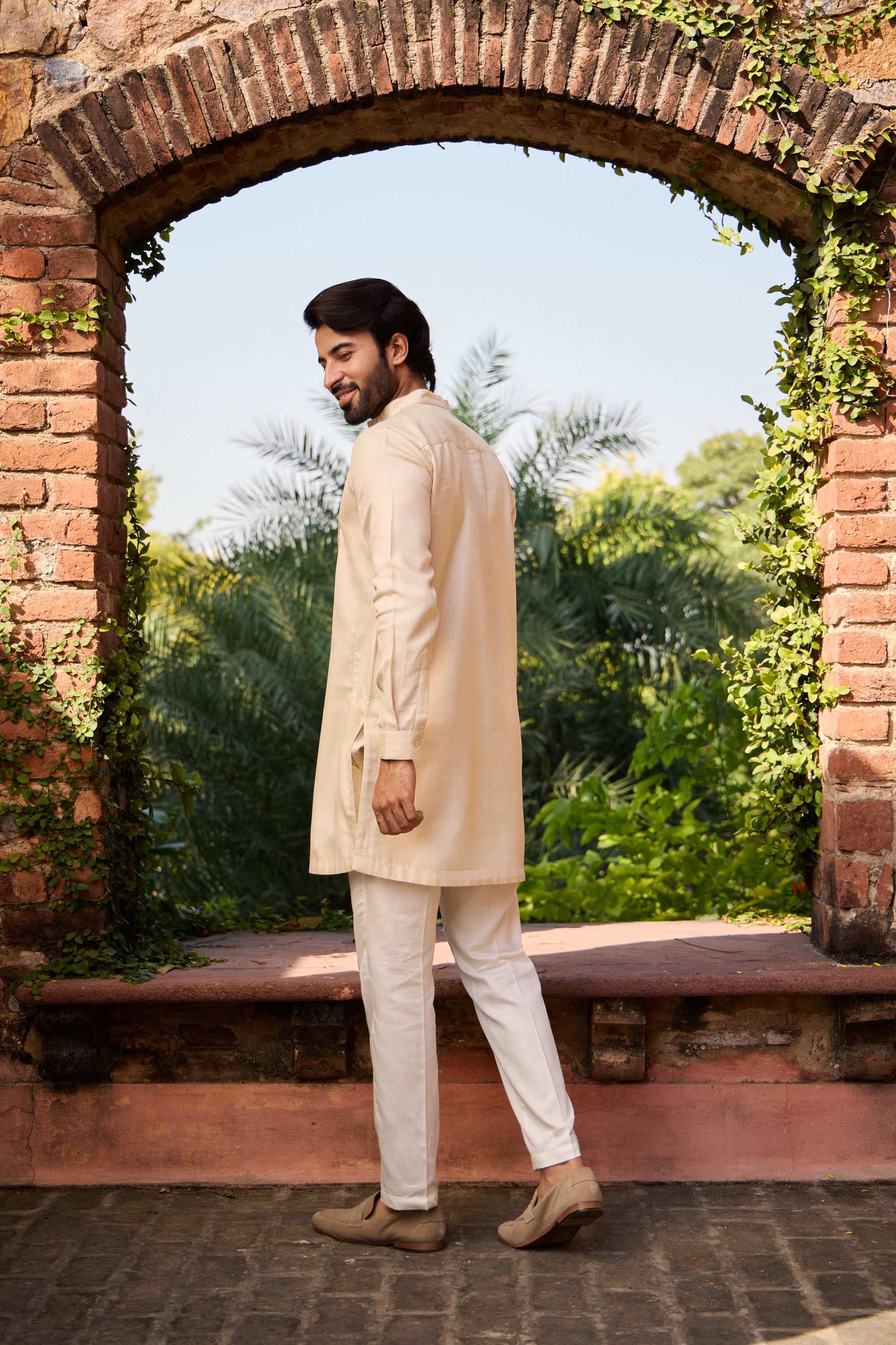 Ambar - Tussar Silk Beige Kurta for Men's with Mandarin Collar Kurta Pant Set Kurta Pant Set