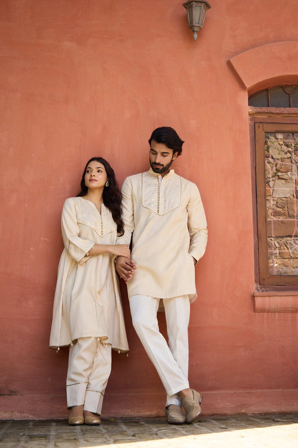 Ambar & Aasma - Beige Tussar Silk Tradition & Luxury Twin Set Twinning Statement