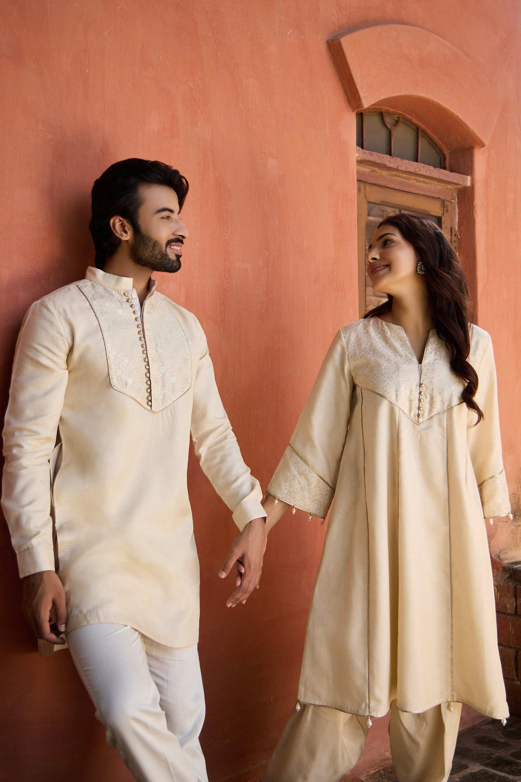 Ambar & Aasma - Beige Tussar Silk Tradition & Luxury Twin Set Twinning Statement