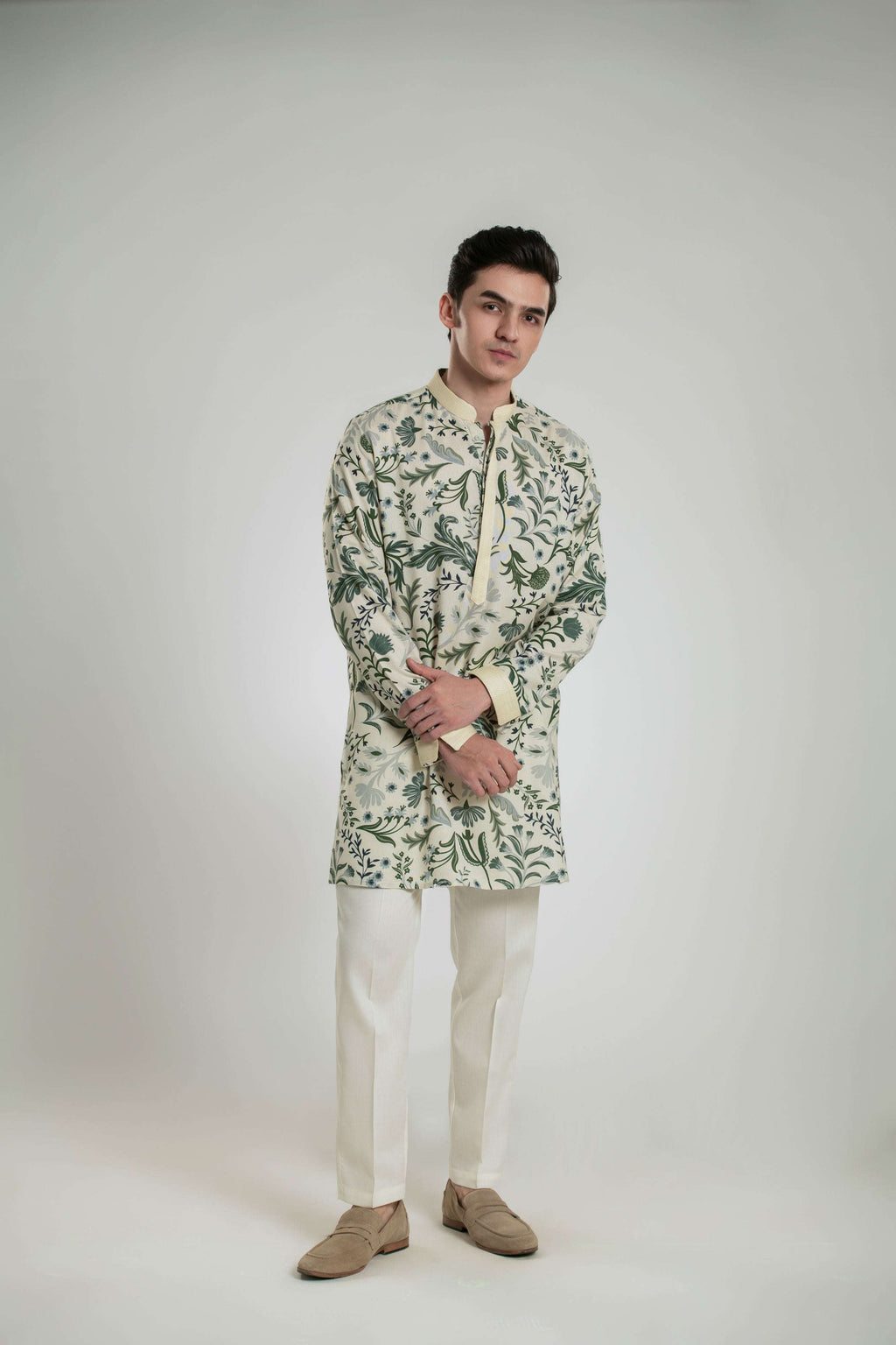 Men's Printed Mid-length Kurta Pant Set with Anchor Thread Detailing Kurta Pant Set