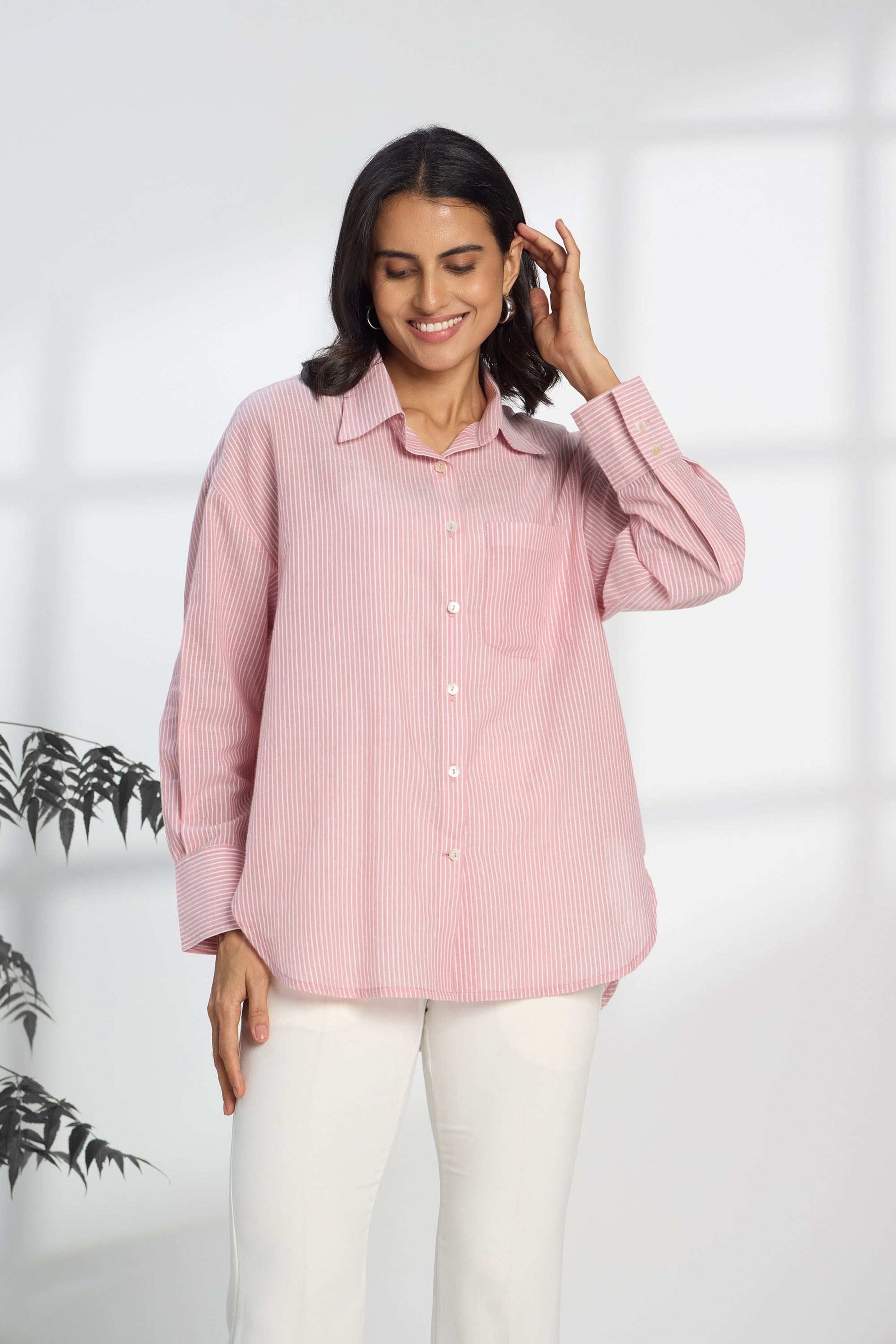 Flamingo Pink Stripe - Oversized Cotton Shirt for Women Women's Shirts Women's Shirts