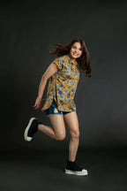 Women's Mustard Floral Cap Sleeve Top Casual Top
