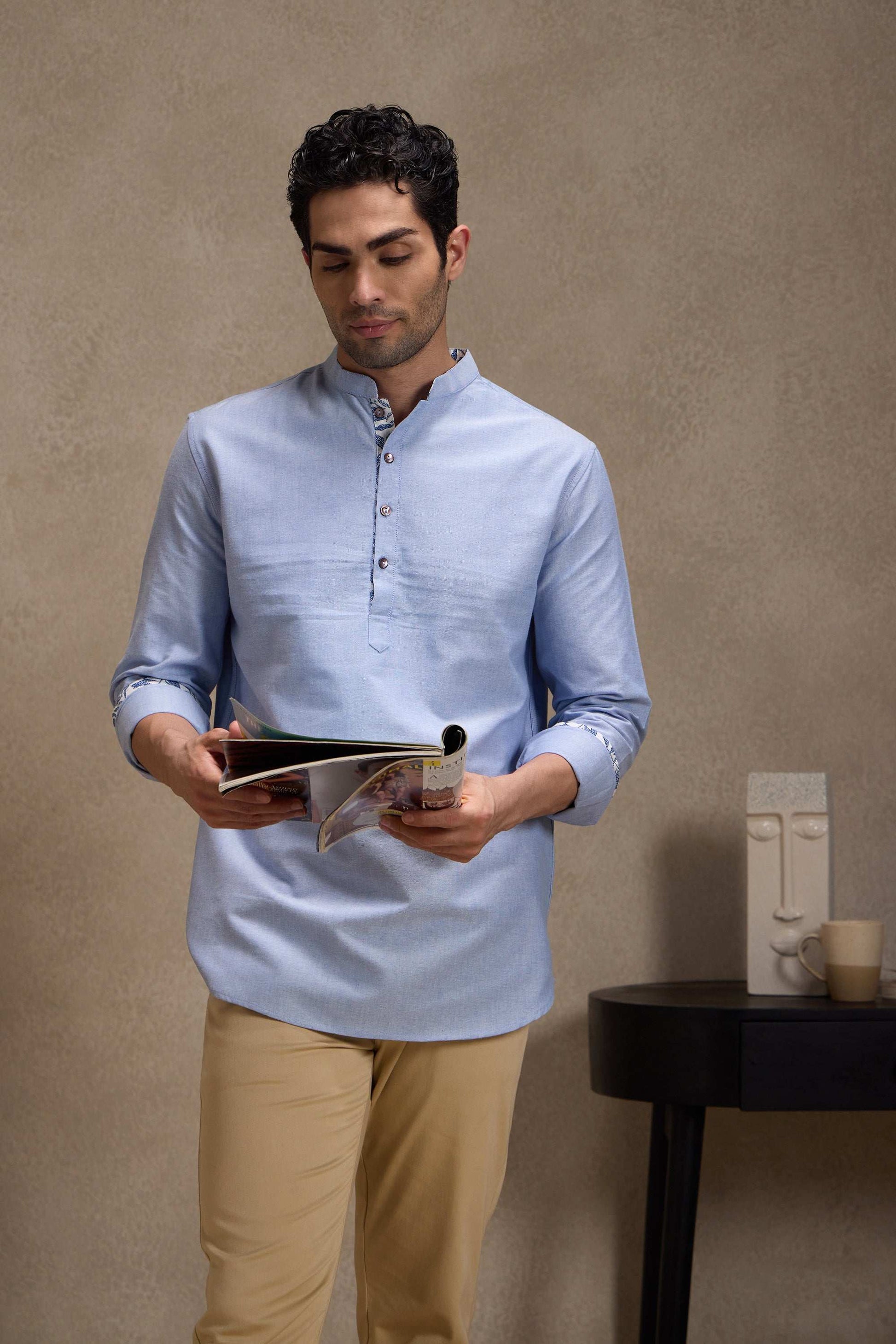 Oxford Blue Mandarin Collar Short Kurta Short Kurta Short Kurta