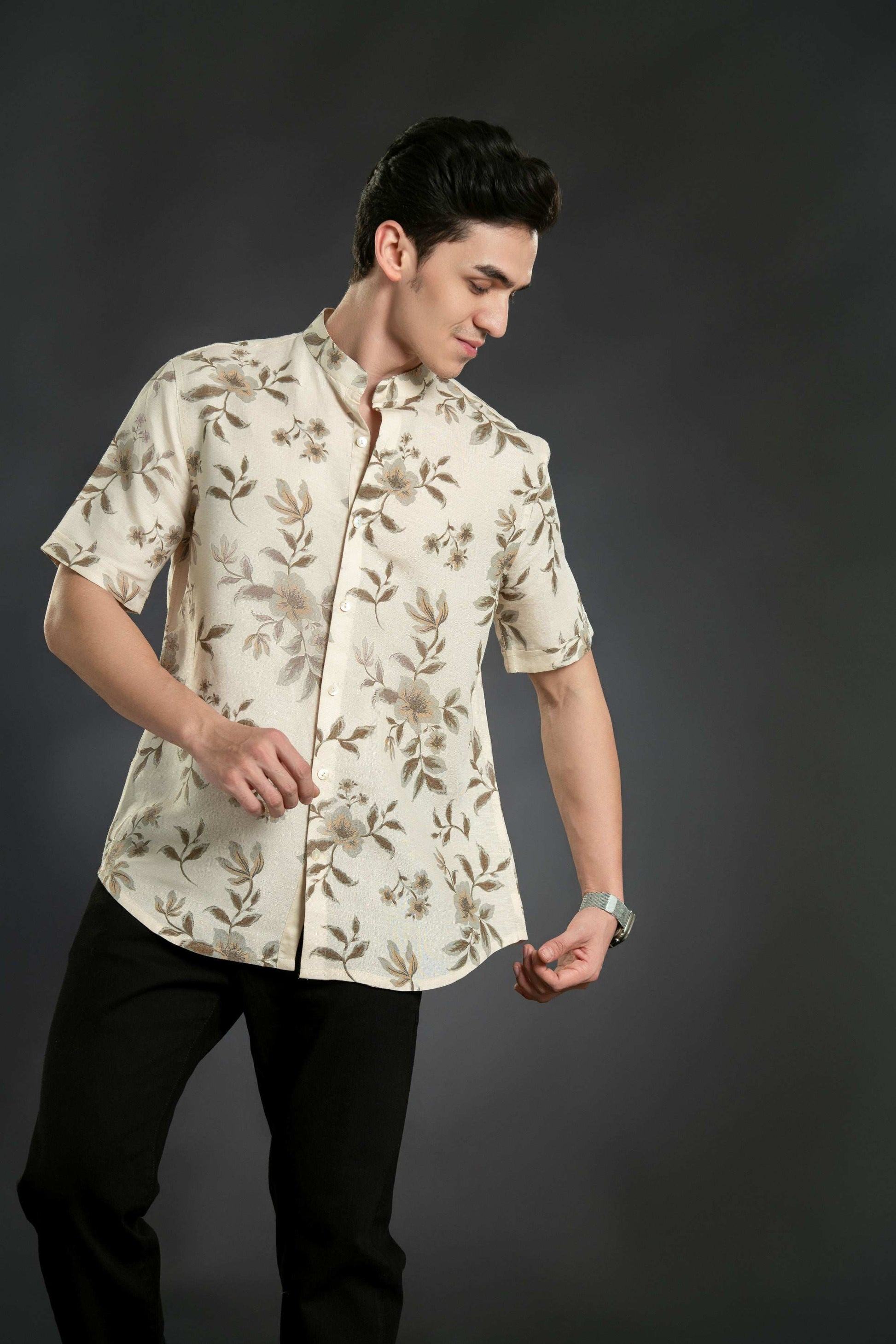Floral Mandarin Linen Shirt Casual Shirt