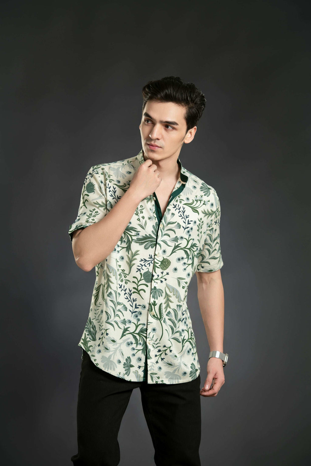 Floral Linen Shirt With Mandarin Collar Casual Shirt