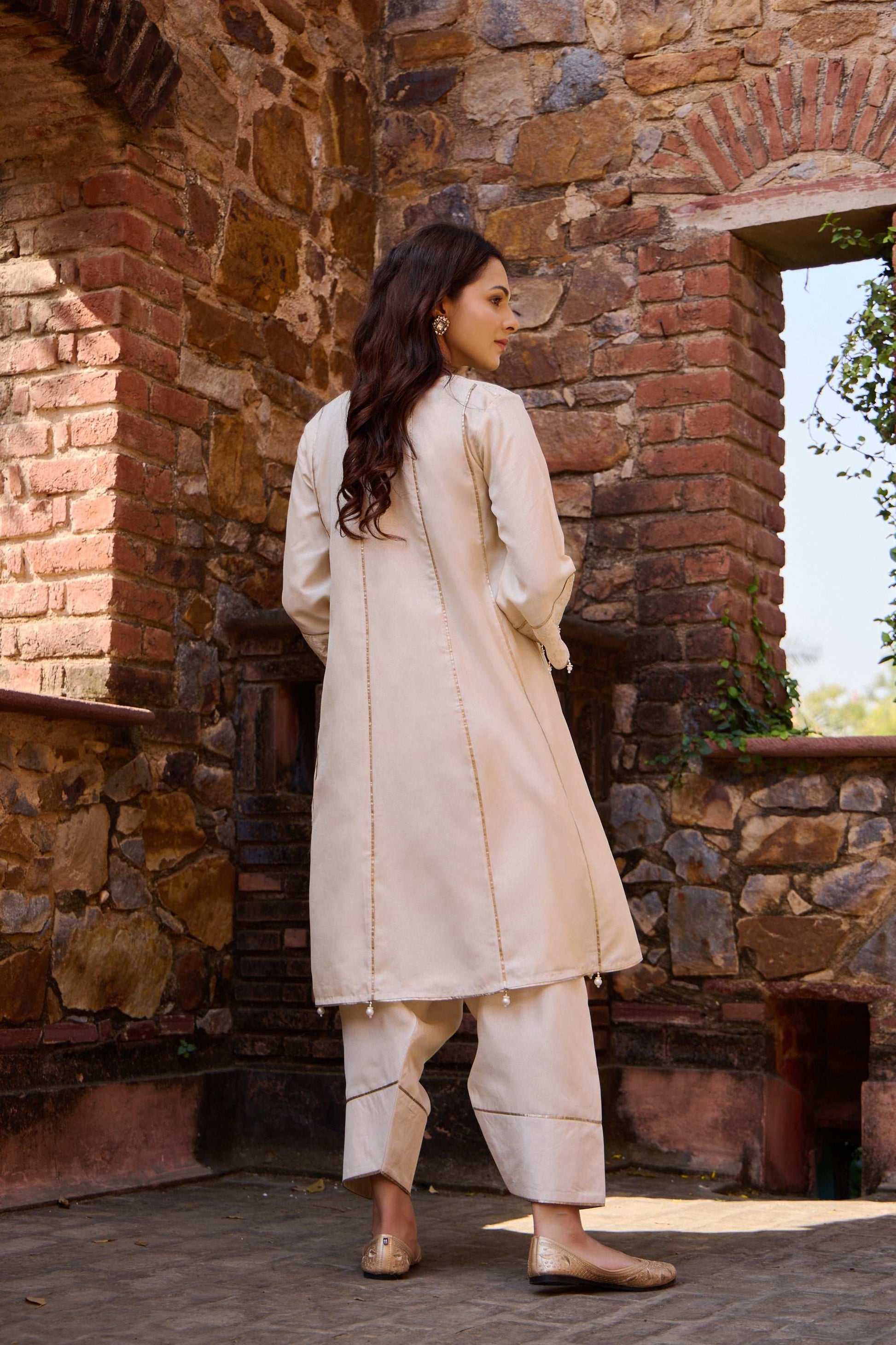 Aasma - V-Shaped Yoke Design Beige Silk Women's Kurta Set Short Kalidar Suit Short Kalidar Suit