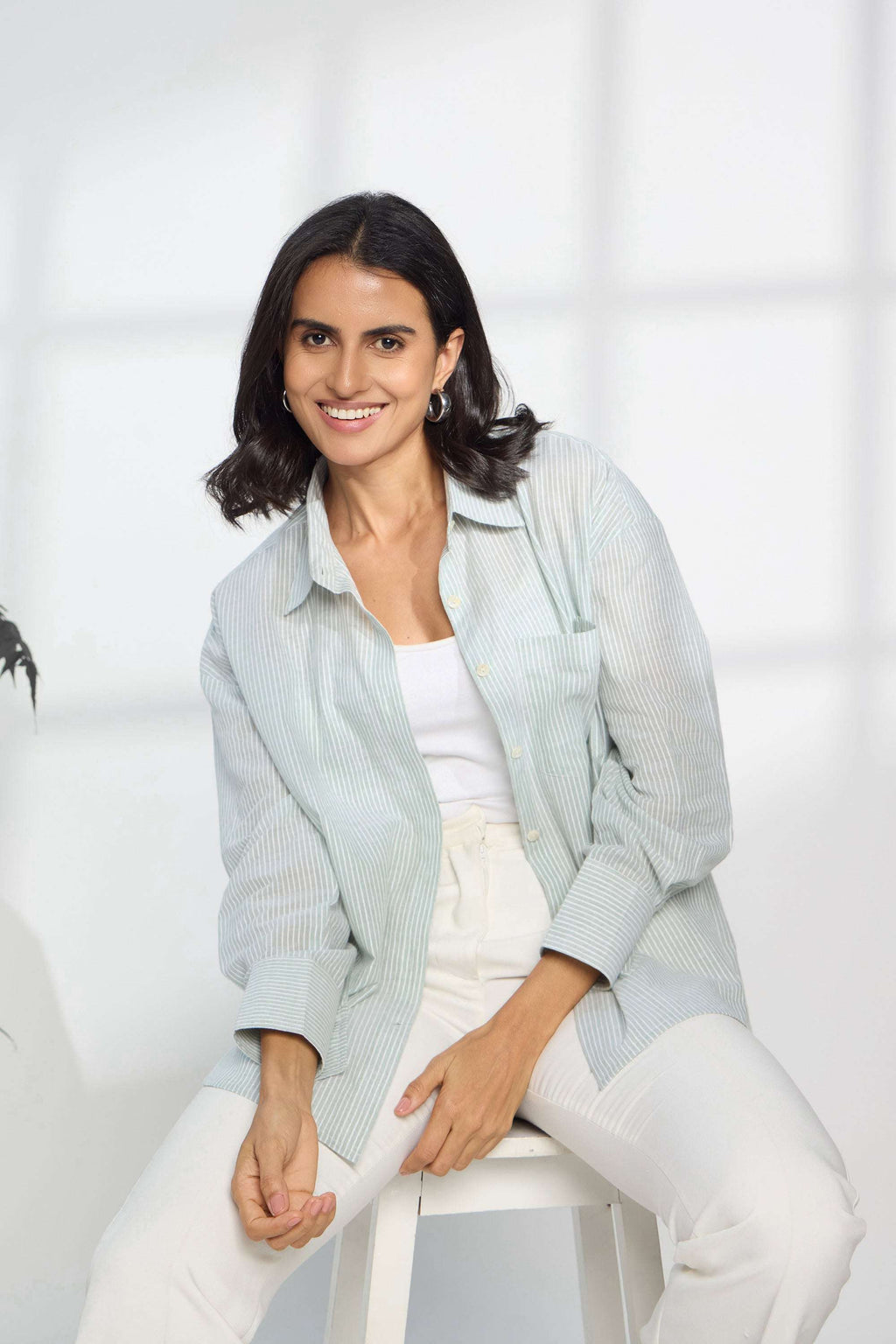 Green Apple Stripe - Oversized Cotton Shirt for Women Women's Shirts Women's Shirts