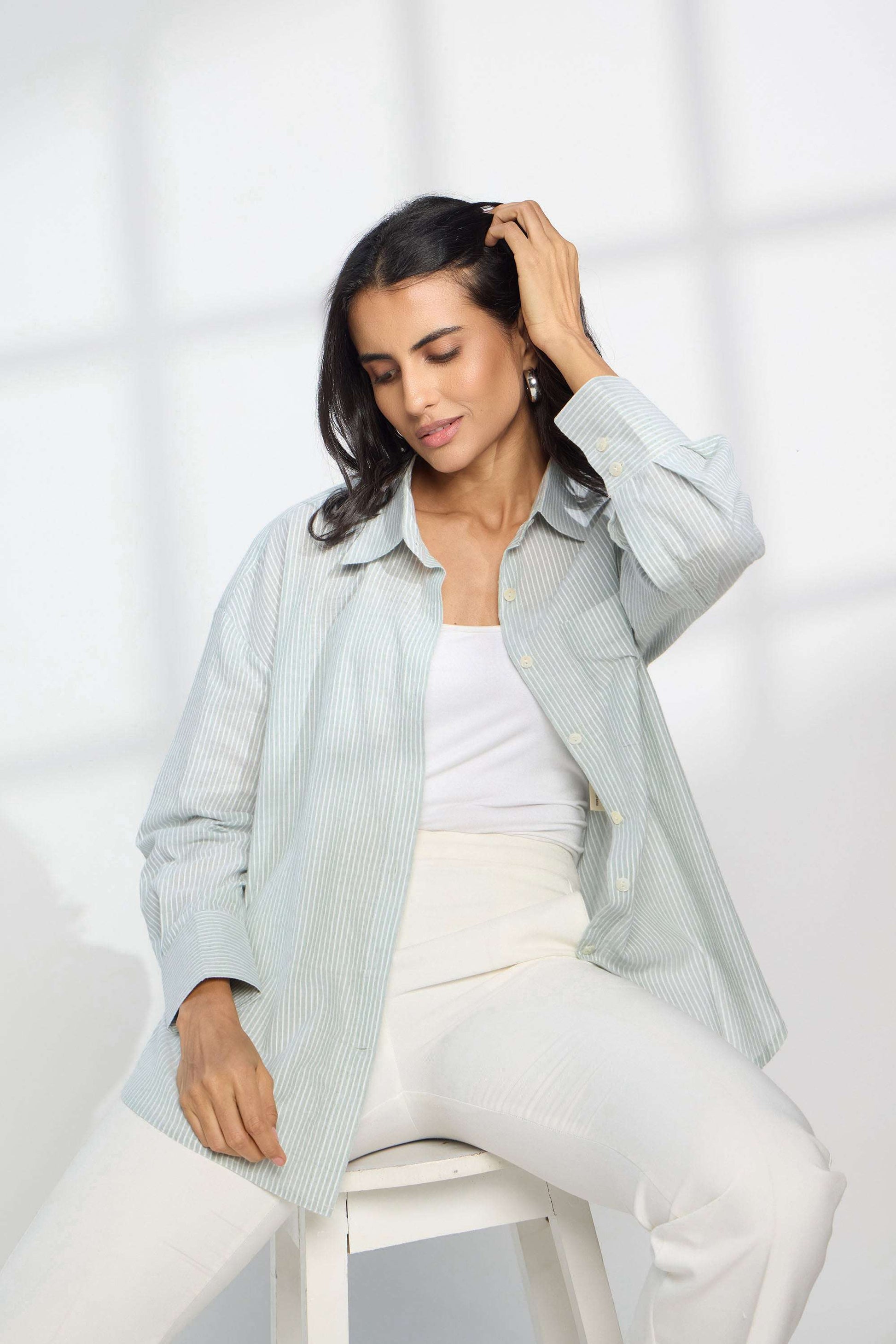 Green Apple Stripe - Oversized Cotton Shirt for Women Women's Shirts Women's Shirts