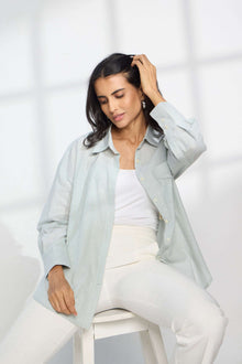 Green Apple Stripe - Oversized Cotton Shirt for Women
