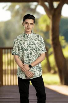 Floral Linen Shirt With Mandarin Collar