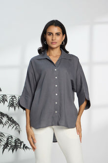 Shadow Grey - Linen Dolman Sleeve Shirt for Women