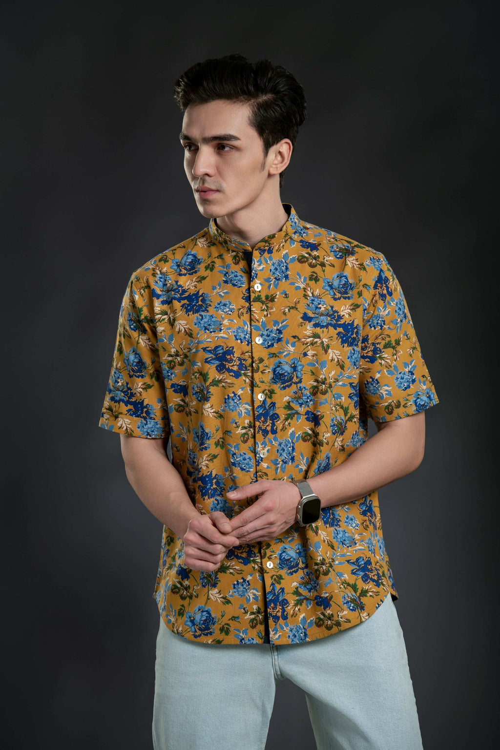 Floral Mandarin Collar Linen Shirt Casual Shirt