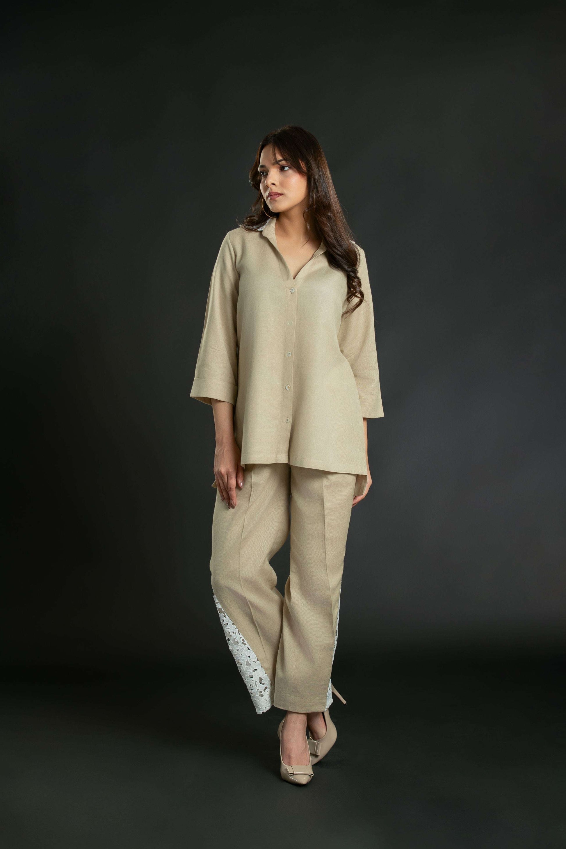 Women's Crochet Collar Short Coord with Bottom Crochet Detailing Short Co-Ord Set