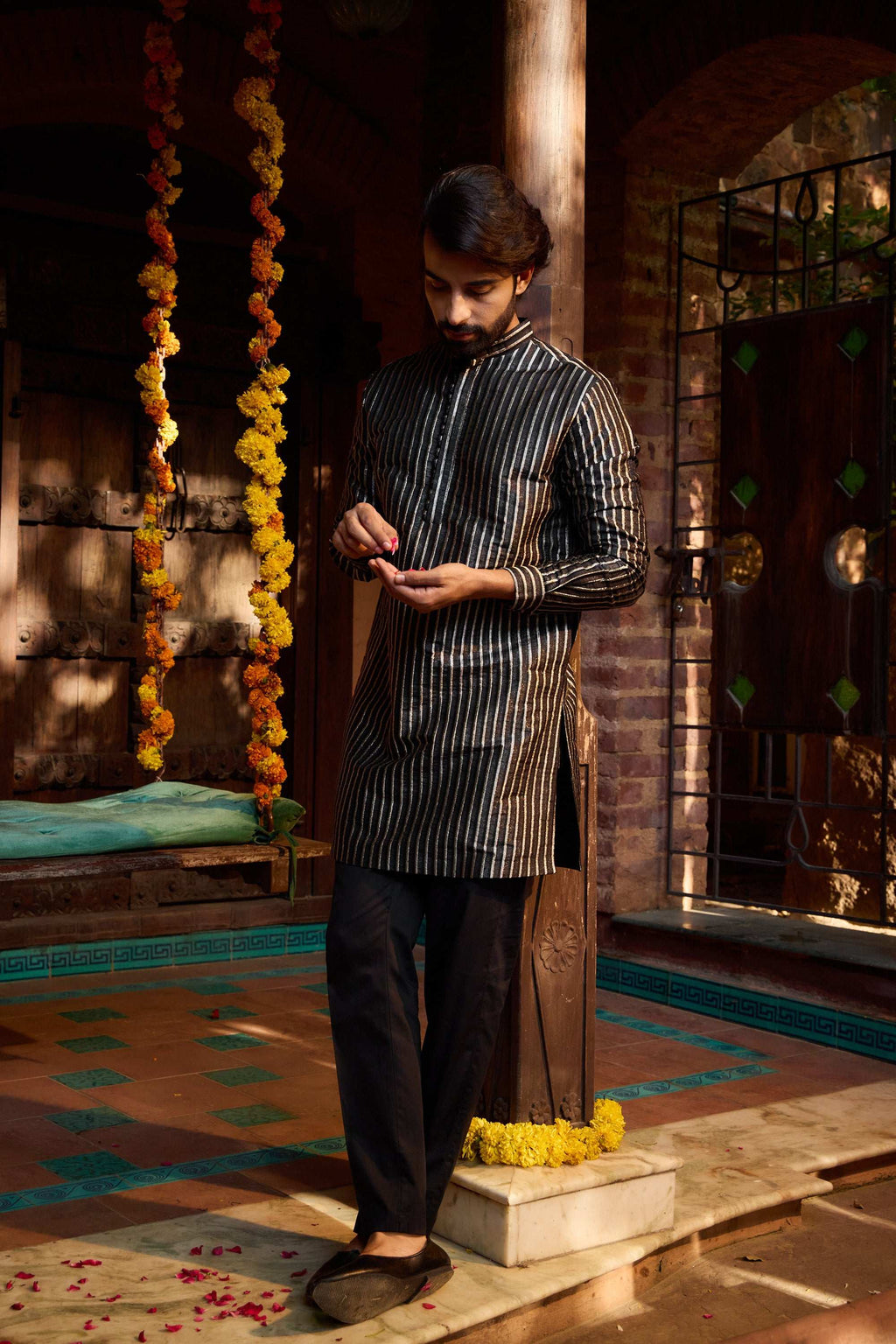 Heera - Tussar Silk Black Strips Designer Kurta Set for Men's Kurta Pant Set Kurta Pant Set