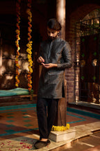 Heera - Tussar Silk Black Strips Designer Kurta Set for Men's Kurta Pant Set Kurta Pant Set