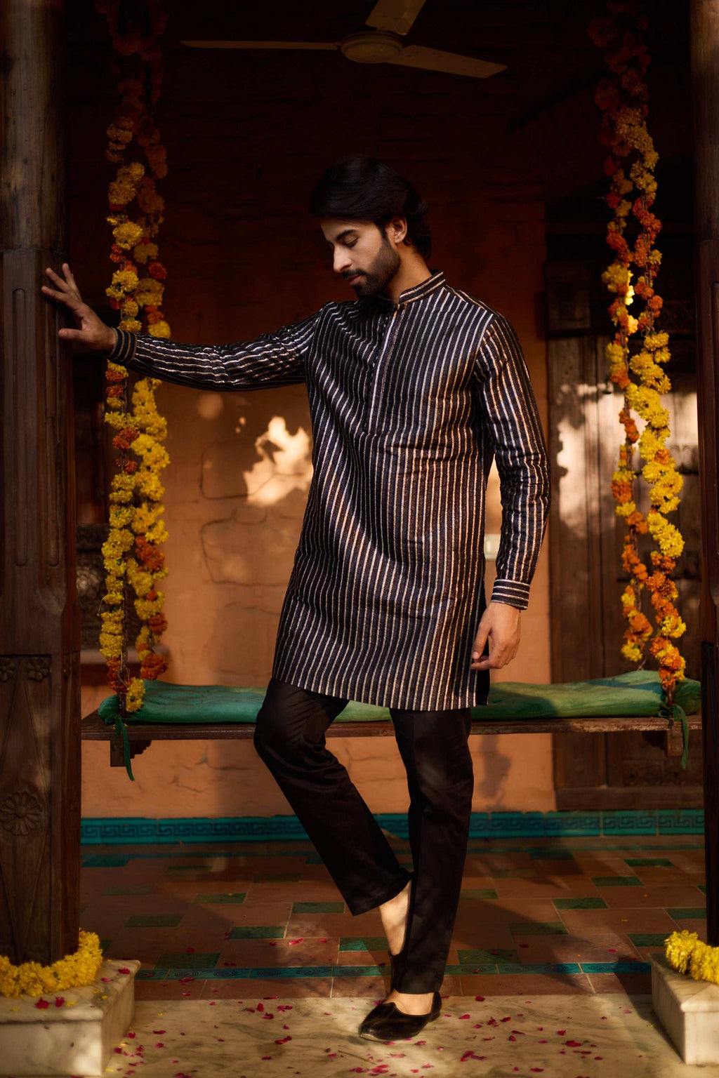 Heera - Tussar Silk Black Strips Designer Kurta Set for Men's Kurta Pant Set Kurta Pant Set