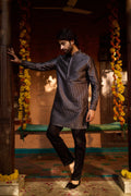 Heera - Tussar Silk Black Strips Designer Kurta Set for Men's Kurta Pant Set Kurta Pant Set