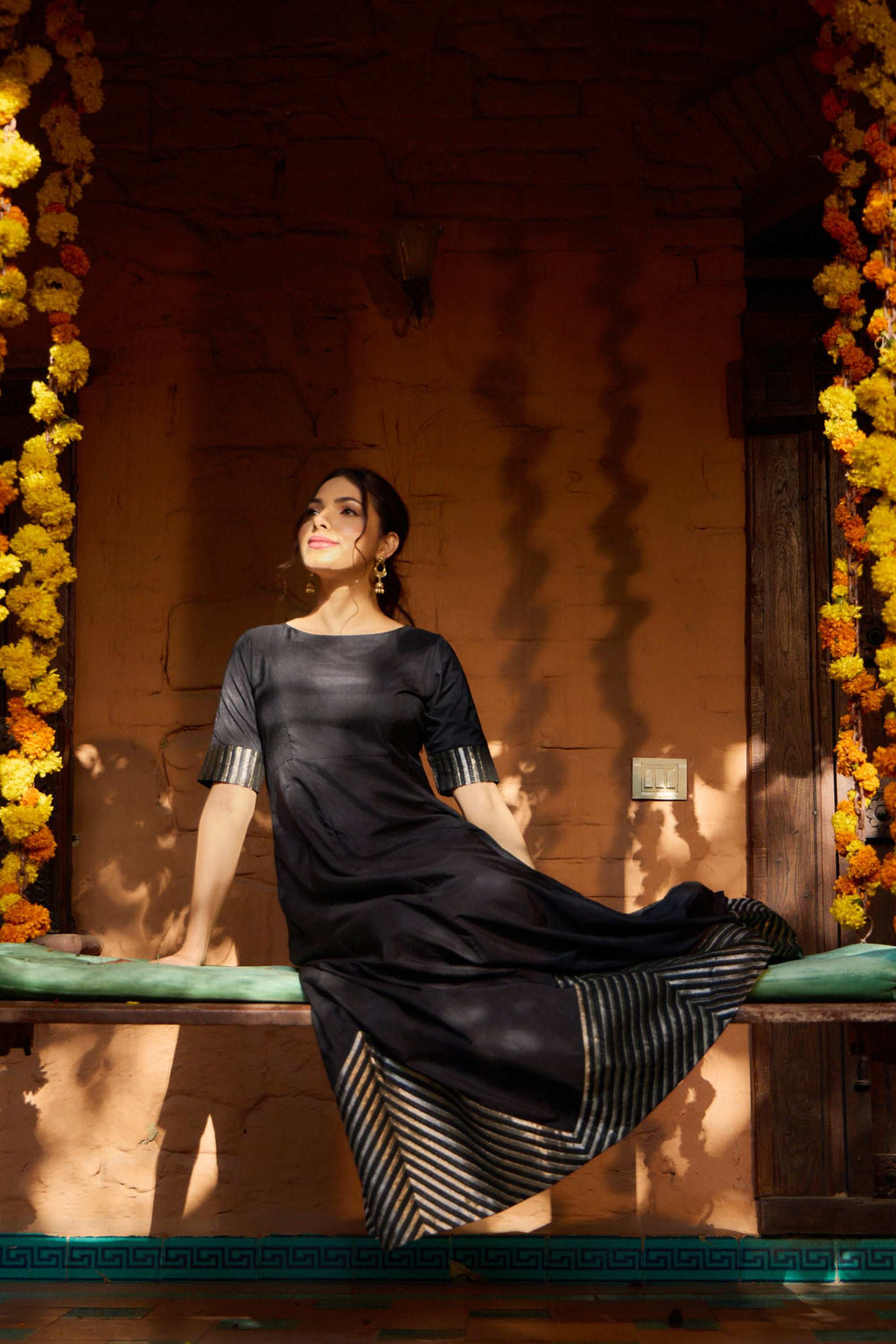 Hunar - Tradition & Modern Strips Design Black Women's Dress Fusion Kalidar Fusion Kalidar