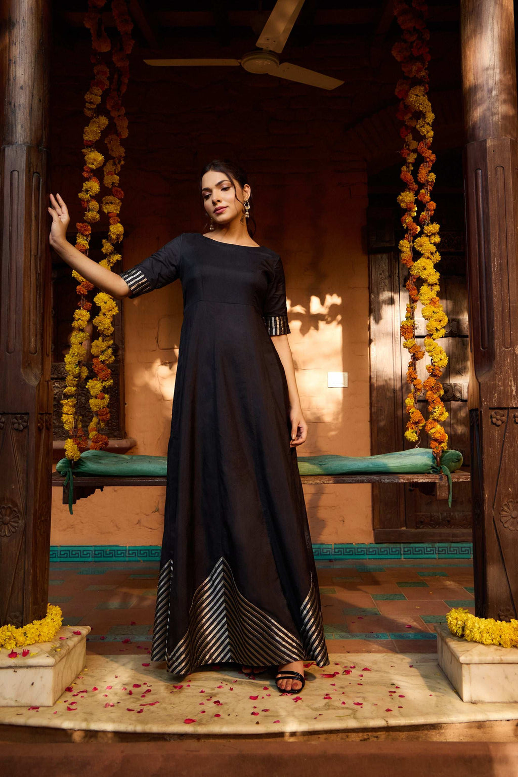 Hunar - Tradition & Modern Strips Design Black Women's Dress Fusion Kalidar Fusion Kalidar