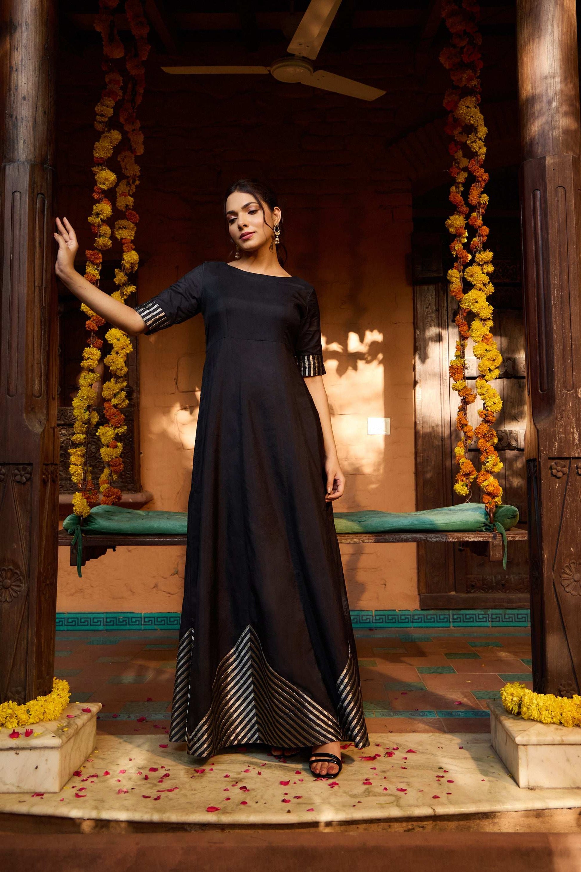 Hunar - Tradition & Modern Strips Design Black Women's Dress Fusion Kalidar Fusion Kalidar