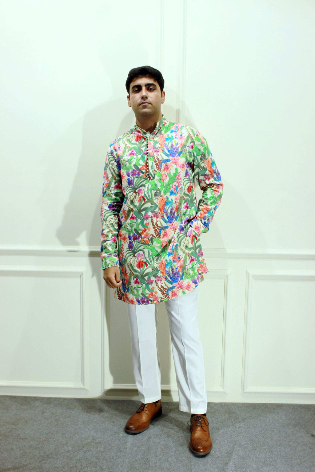 Men's Multicolour Floral Printed Cotton Silk Kurta Kurta Mid Length Kurta