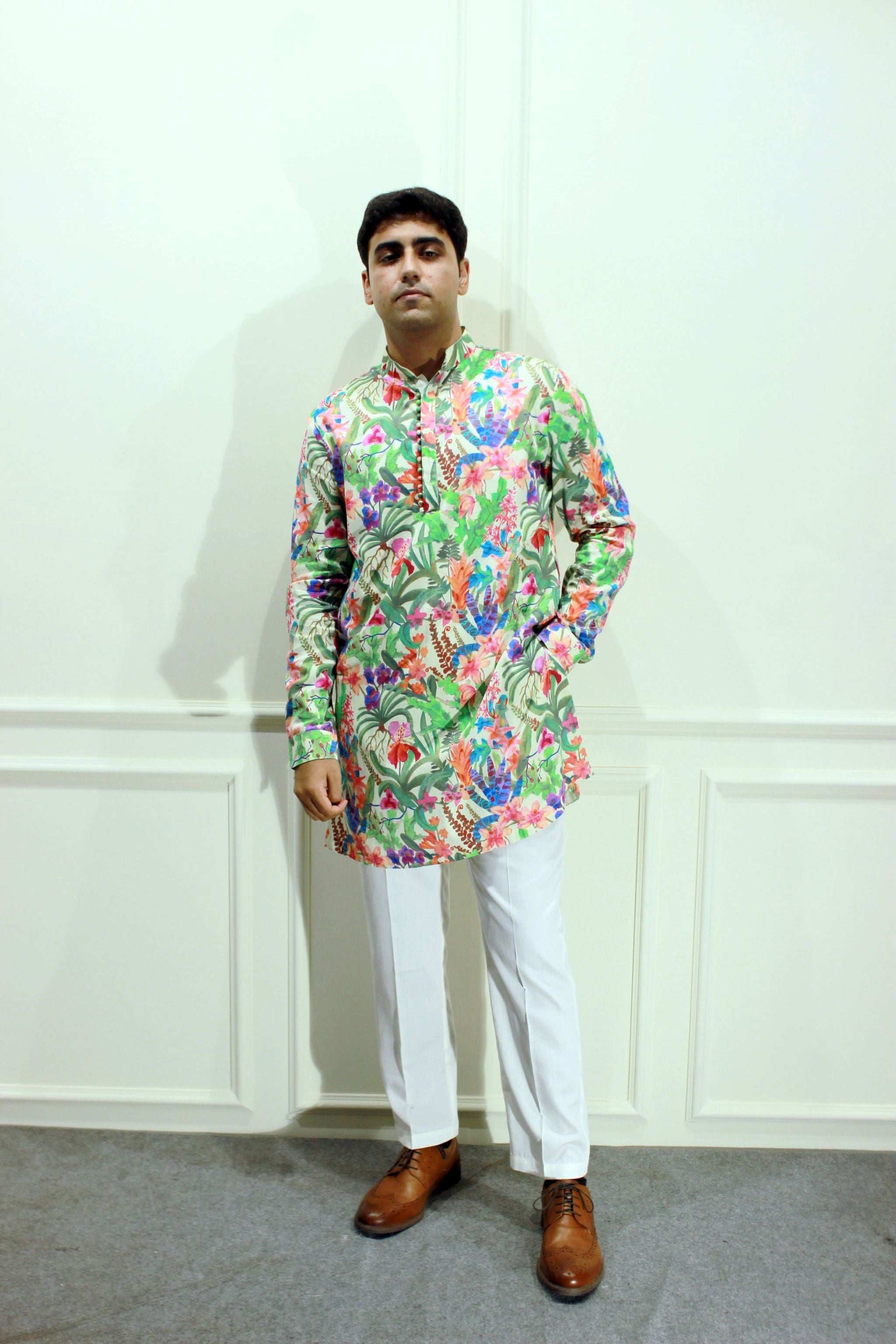Men's Multicolour Floral Printed Cotton Silk Kurta Kurta Mid Length Kurta