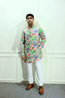 Men's Multicolour Floral Printed Cotton Silk Kurta