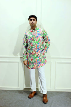 Men's Multicolour Floral Printed Cotton Silk Kurta