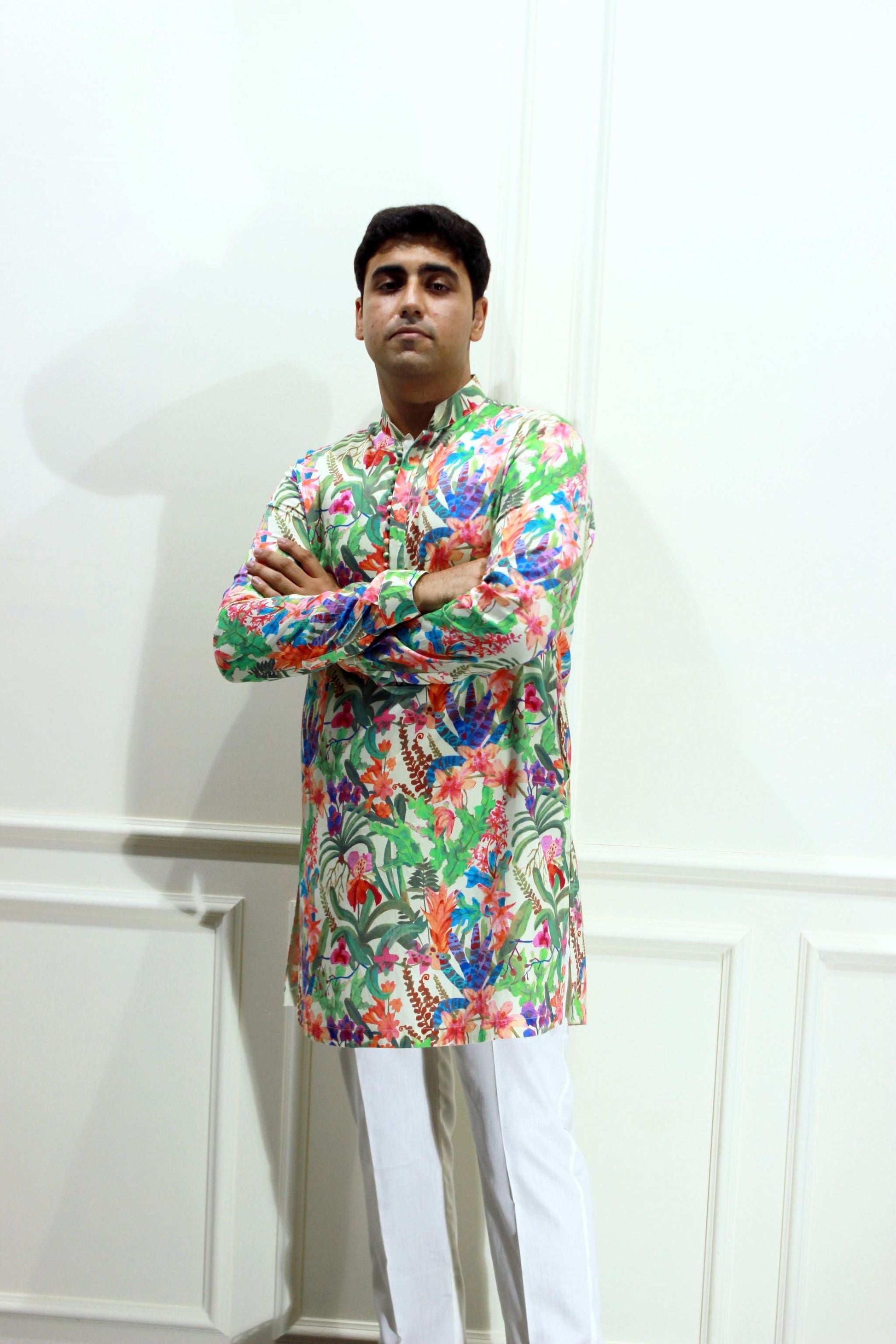 Men's Multicolour Floral Printed Cotton Silk Kurta Kurta Mid Length Kurta