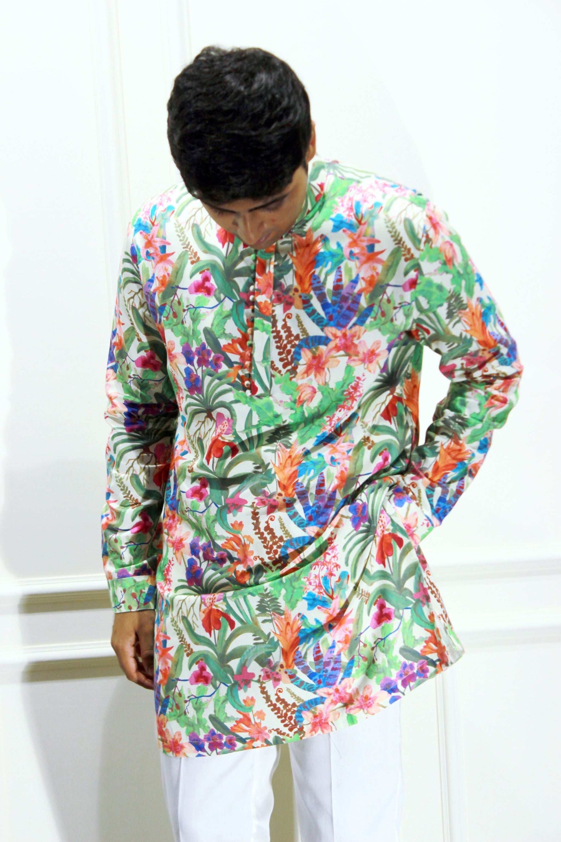 Men's Multicolour Floral Printed Cotton Silk Kurta Kurta Mid Length Kurta