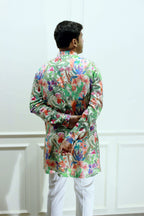 Men's Multicolour Floral Printed Cotton Silk Kurta Kurta Mid Length Kurta