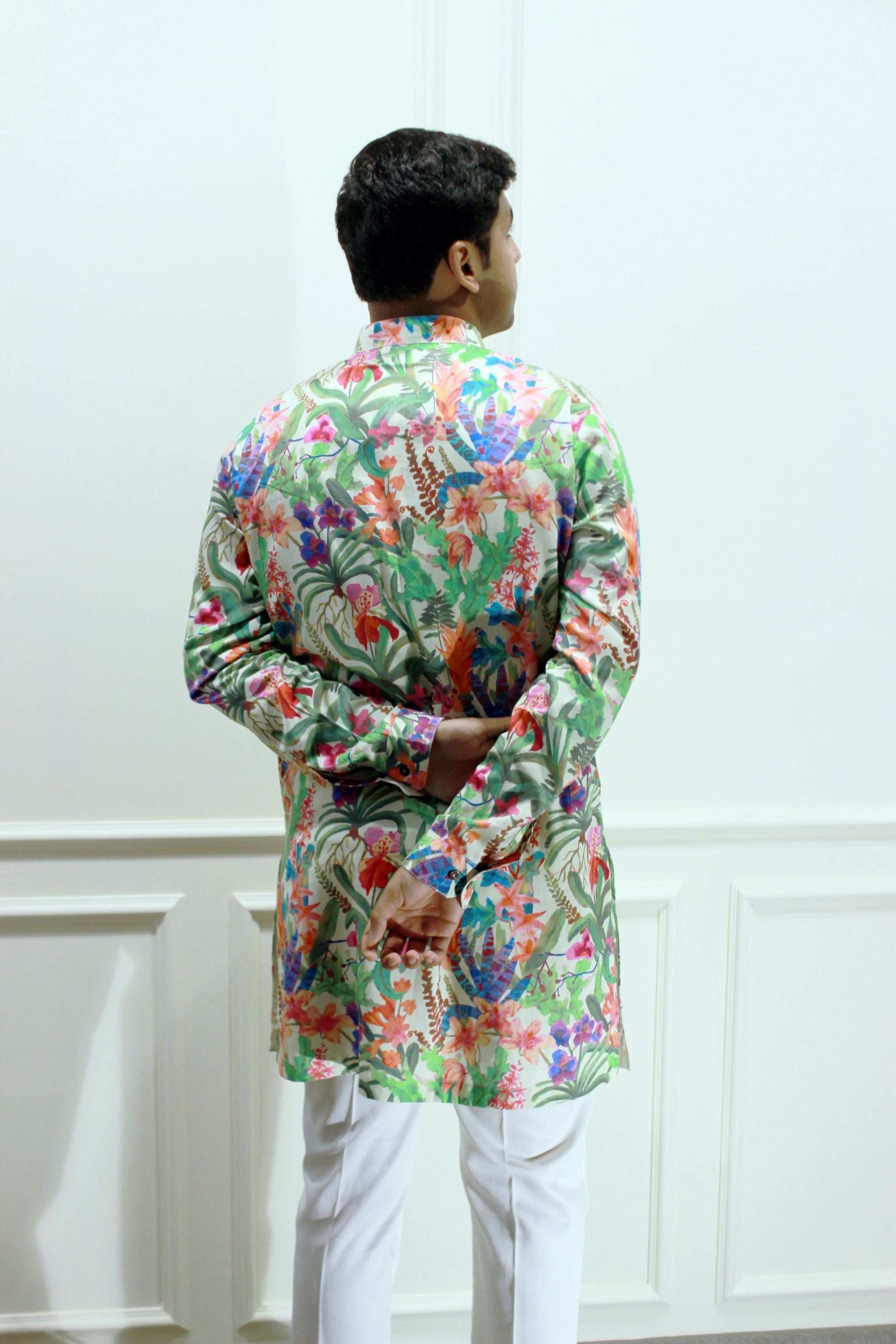 Men's Multicolour Floral Printed Cotton Silk Kurta Kurta Mid Length Kurta