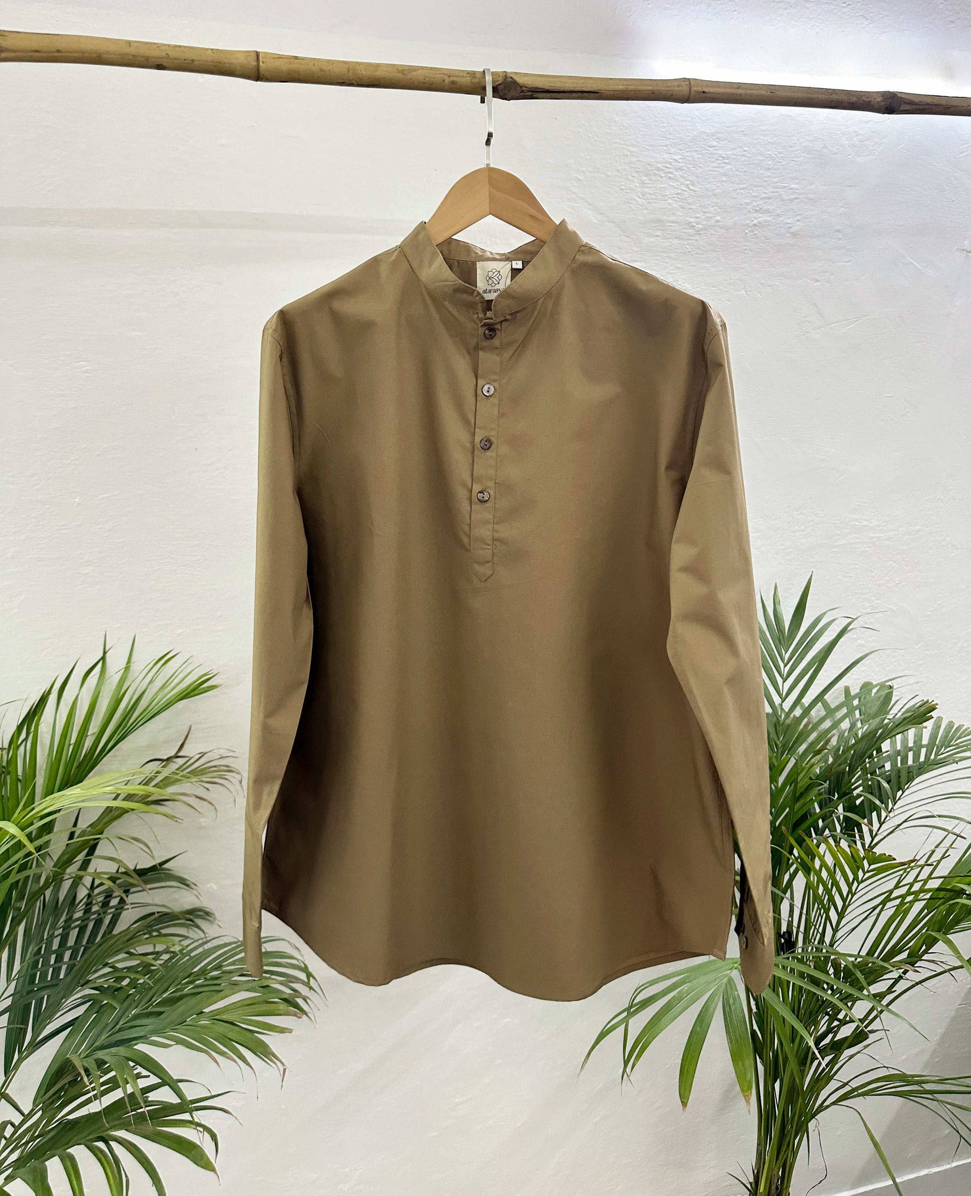 Men's Brown Short Kurta with Mandarin Collar Short Kurta Short Kurta