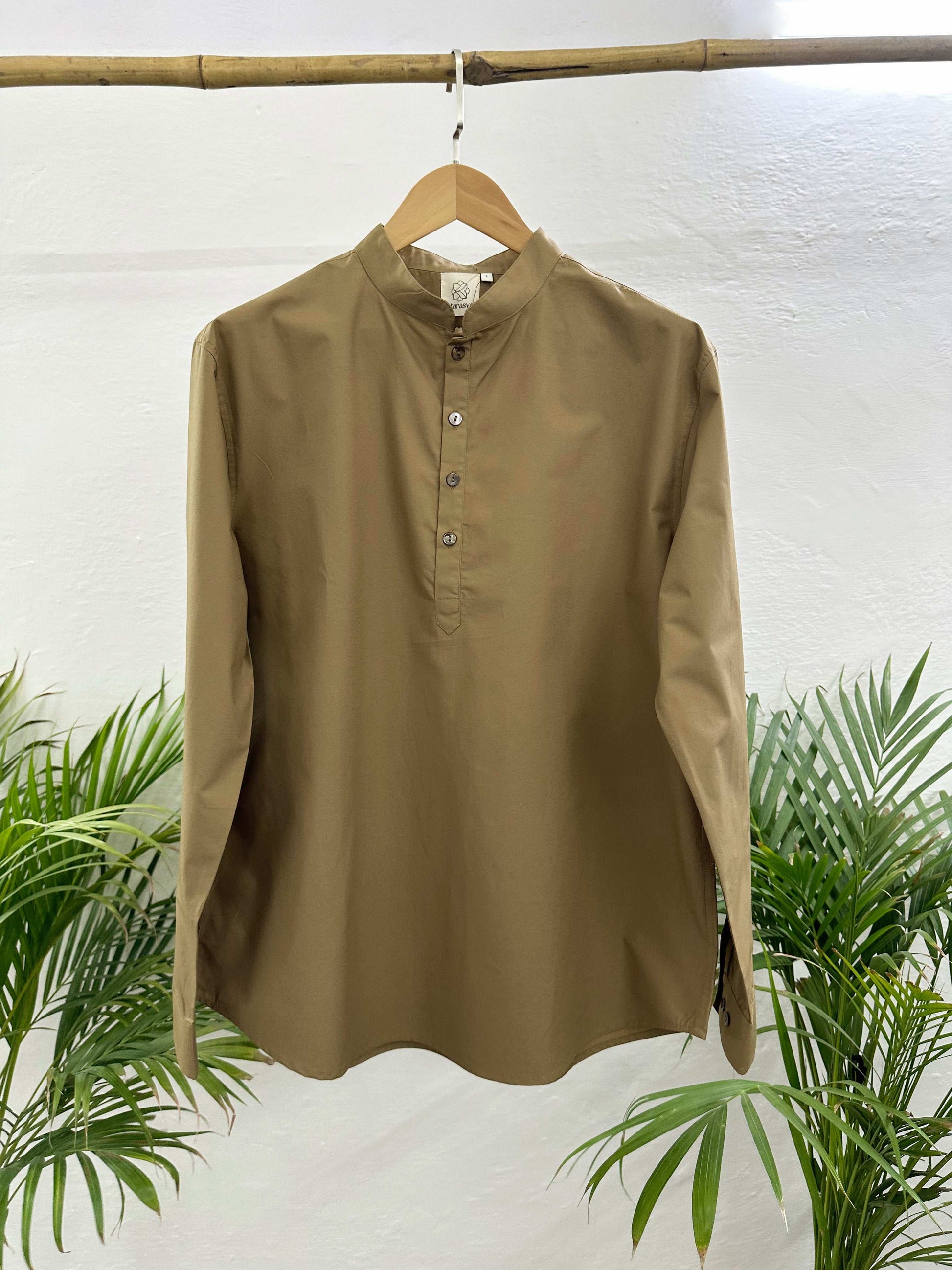 Men's Brown Short Kurta with Mandarin Collar Short Kurta Short Kurta