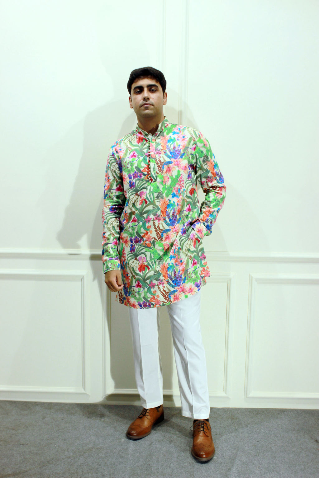 Men's Multicolour Floral Printed Cotton Silk Kurta