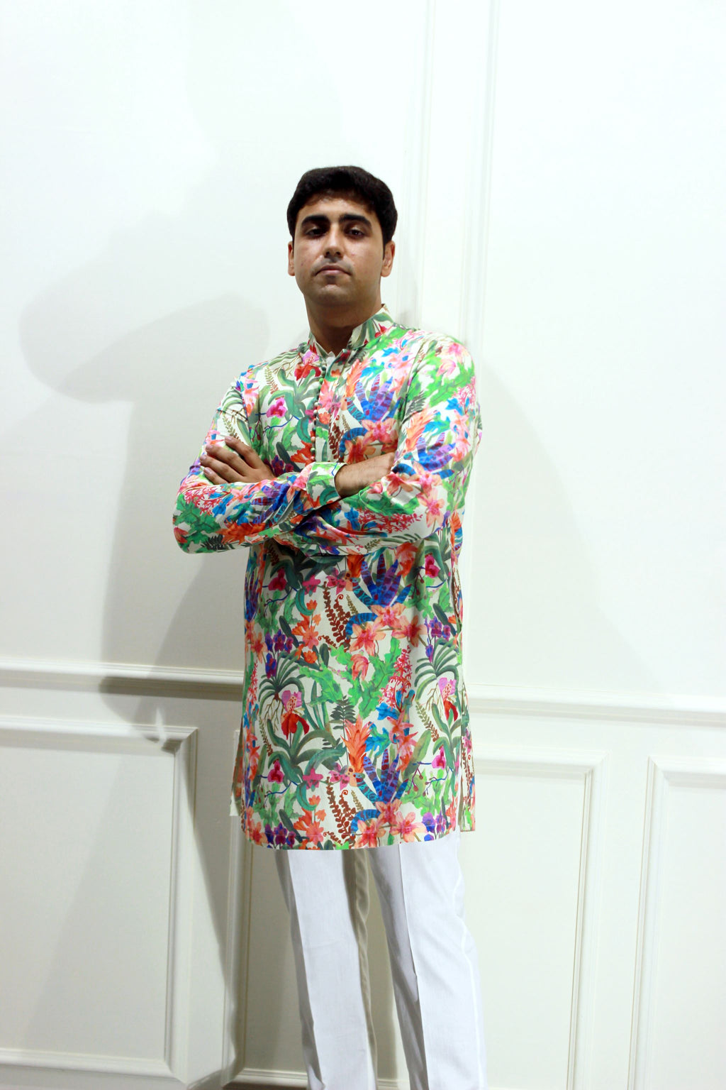 Men's Multicolour Floral Printed Cotton Silk Kurta