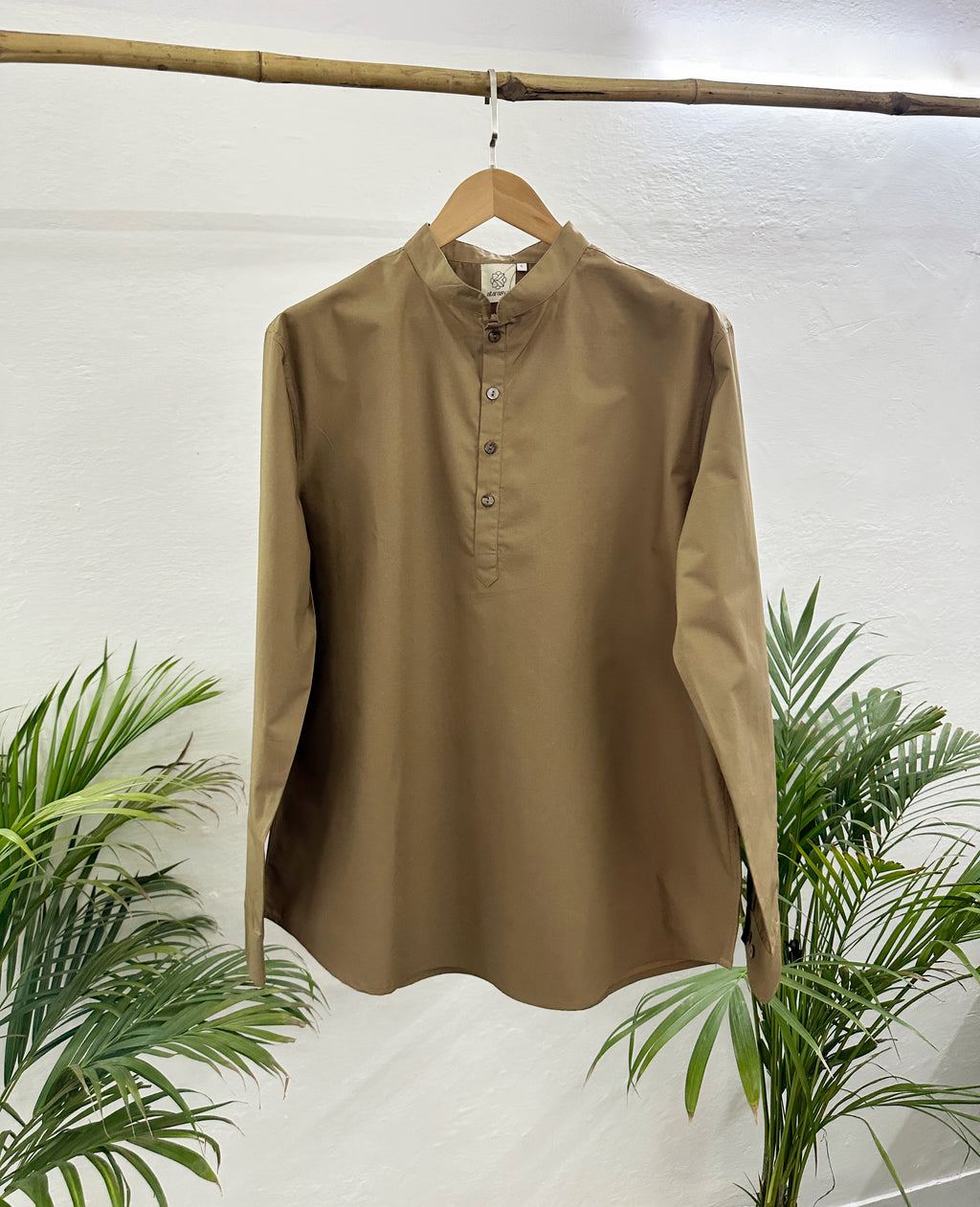 Men's Brown Short Kurta with Mandarin Collar