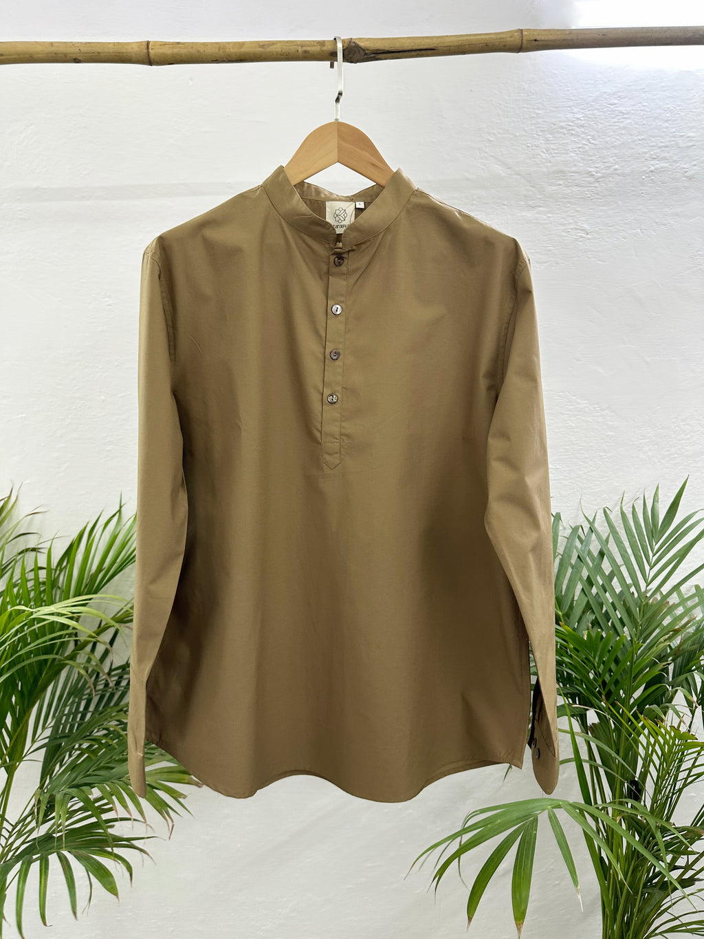 Men's Brown Short Kurta with Mandarin Collar