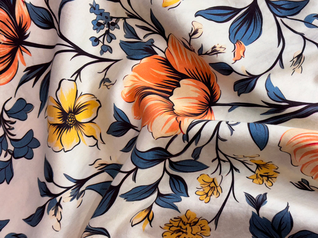 Men's Sunlight Beige Floral Printed Cotton Silk Kurta