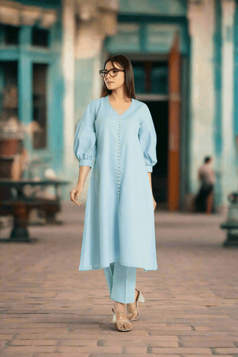 Women's Pearl Work Long Coord Set With Balloon Sleeves Long Co-Ord Set