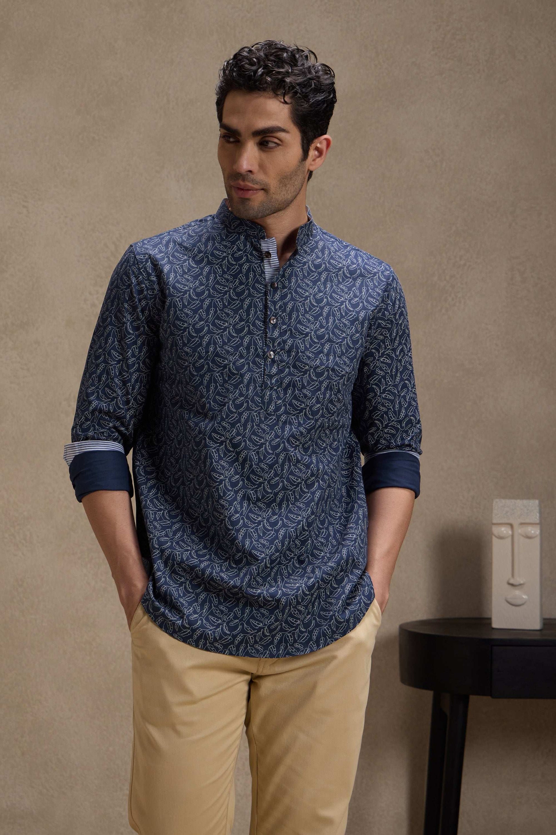 Indigo Printed Mandarin Collar Short Kurta Short Kurta Short Kurta