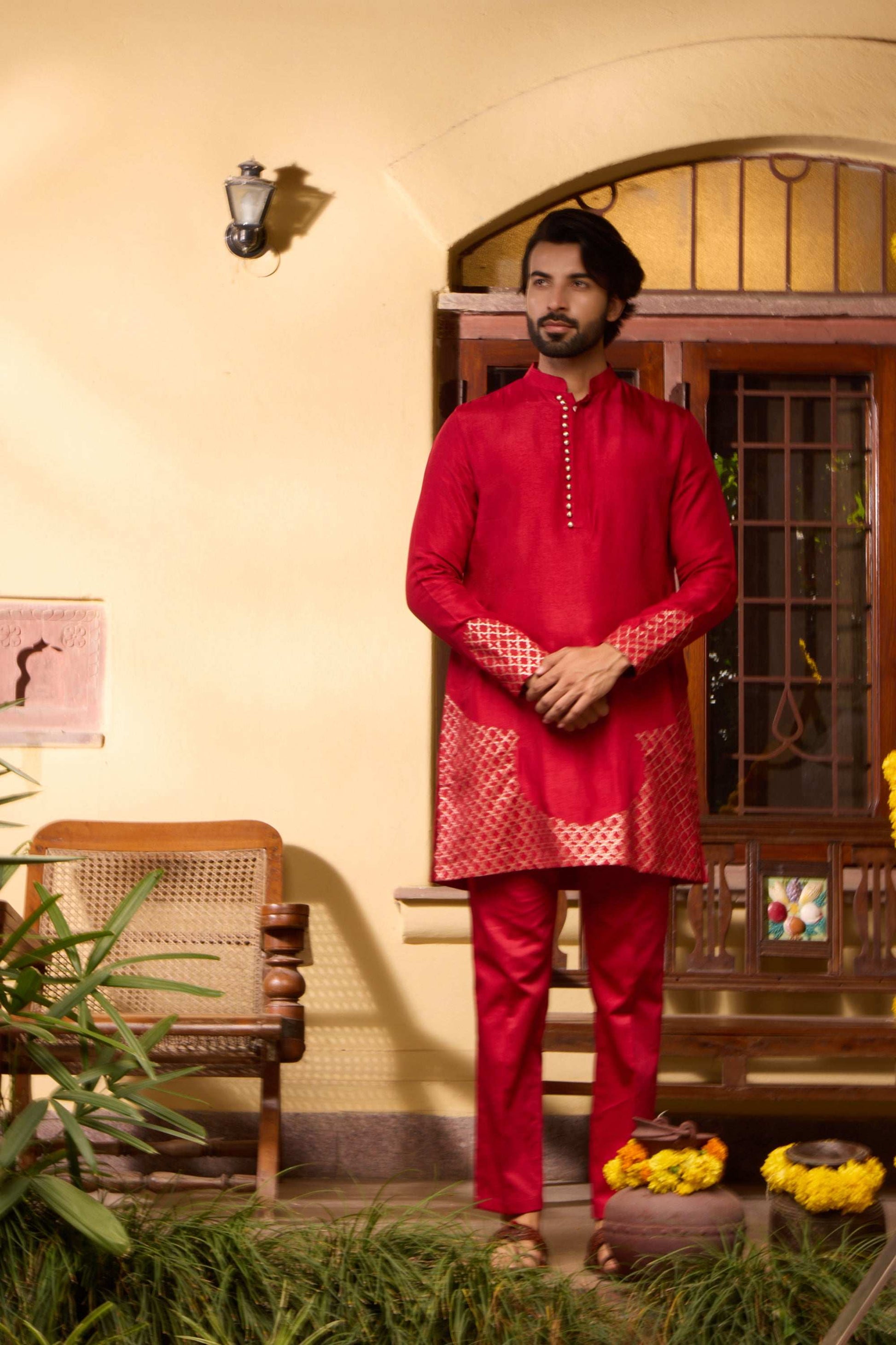 Kaynaat - Traditional & Modern Silk Collar Kurta Set for Men's Kurta Pant Set Kurta Pant Set