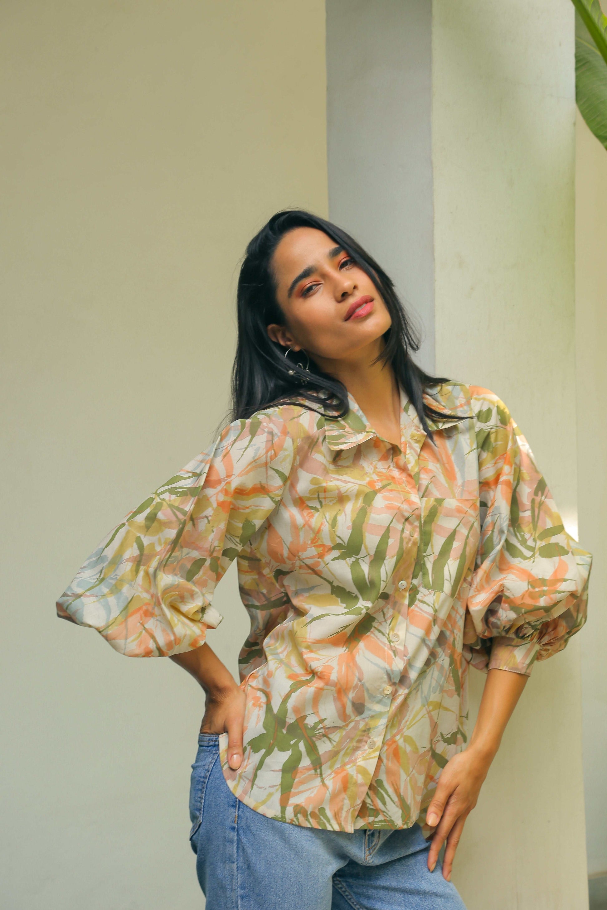 Women’s Printed Shirt with Bishop Sleeves Shirts Printed Cotton Shirt