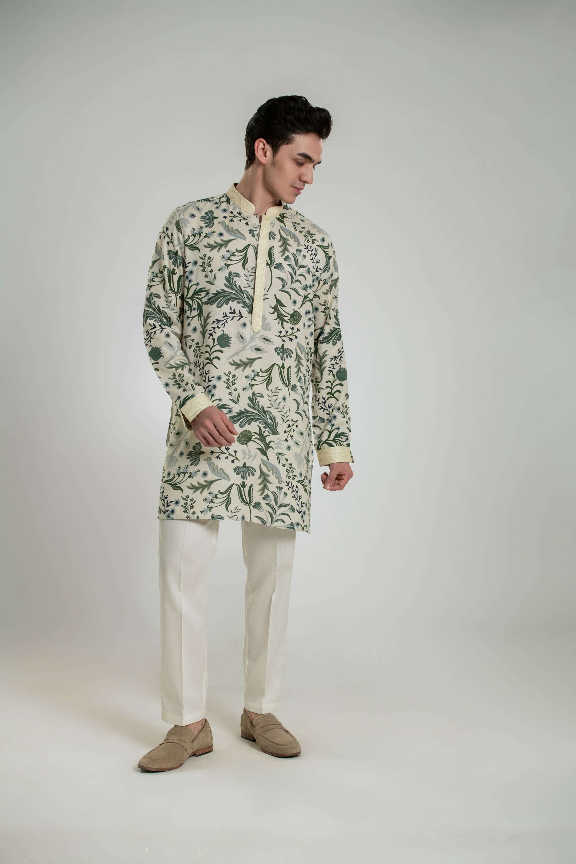 Men's Printed Mid-length Kurta Pant Set with Anchor Thread Detailing Kurta Pant Set