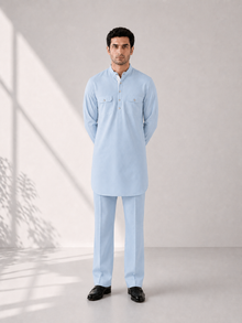 Fusion Pathani Kurta Set - Light Blue