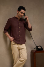 Walnut Brown - Linen Mandarin Collar Shirt for Men Men's Shirt Men's Shirt