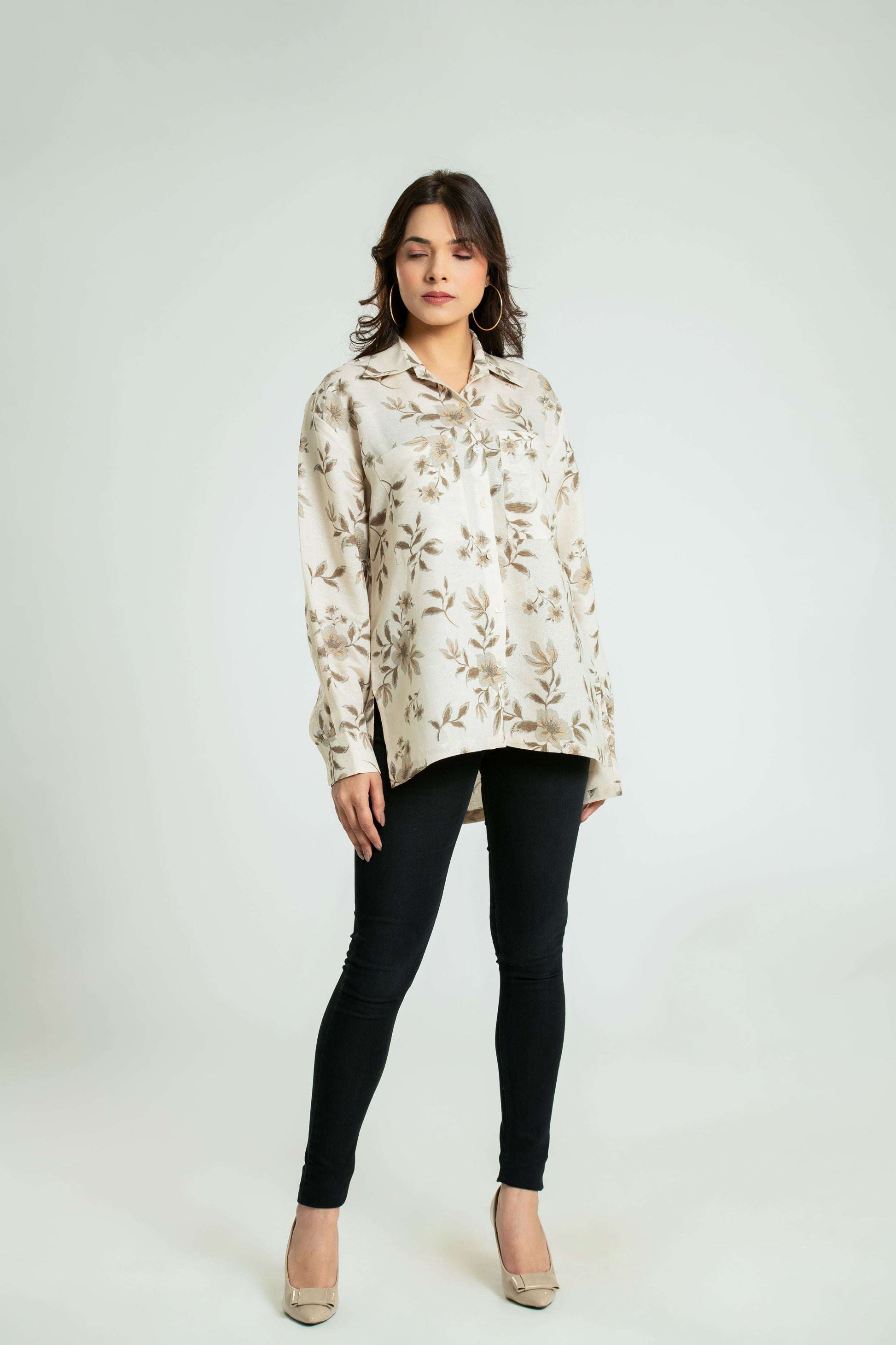 Women's Floral Printed Oversize Fit Shirt Casual Shirt