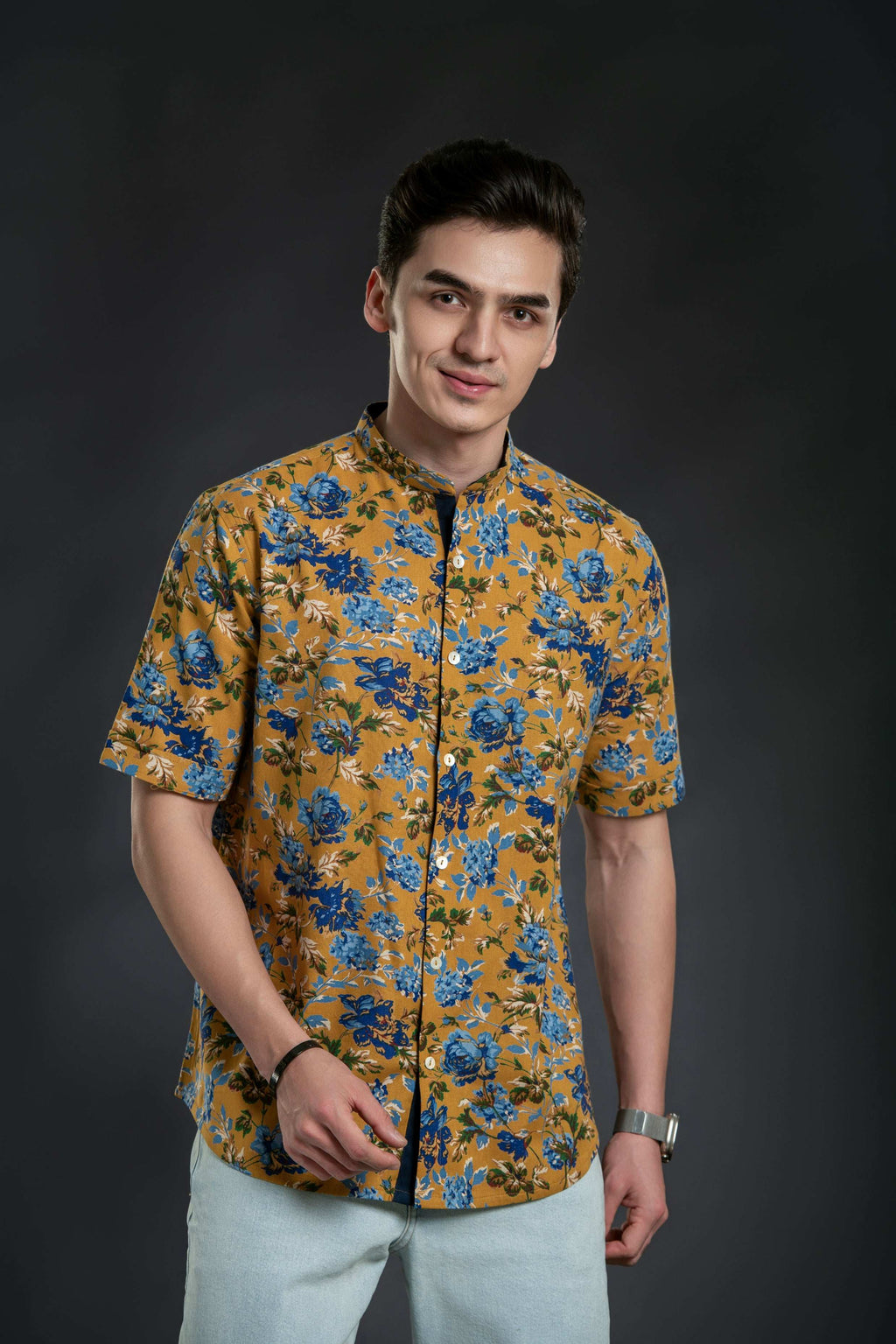 Floral Mandarin Collar Linen Shirt Casual Shirt