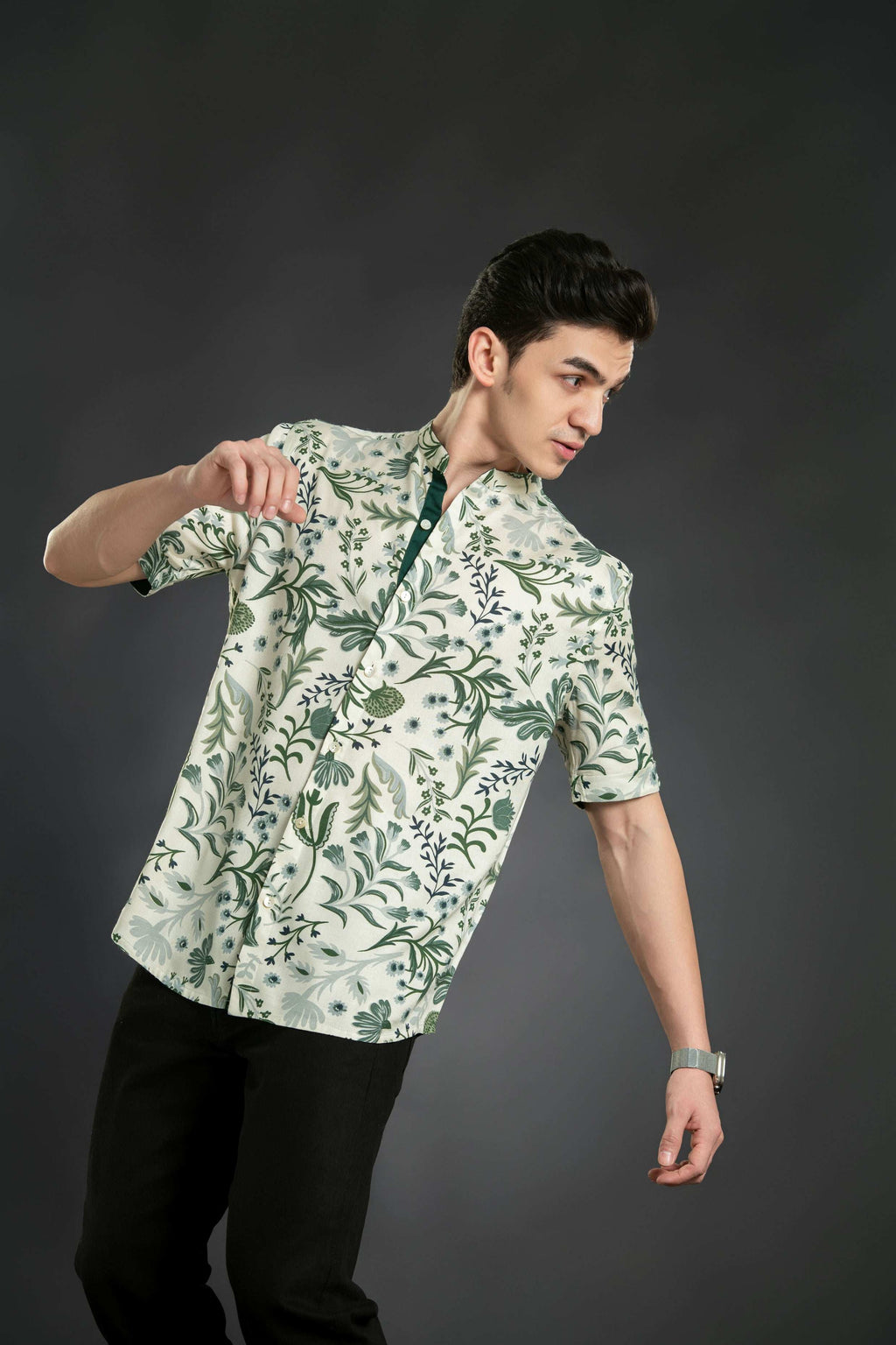 Floral Linen Shirt With Mandarin Collar Casual Shirt