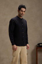 Retro Black - Linen Mandarin Collar Shirt for Men Men's Shirt Men's Shirt